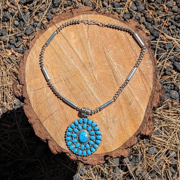 Navajo Pearls & Sleeping Beauty Cluster Turquoise Necklace Medallion‎ Pendant*** - Picture 4 of 13